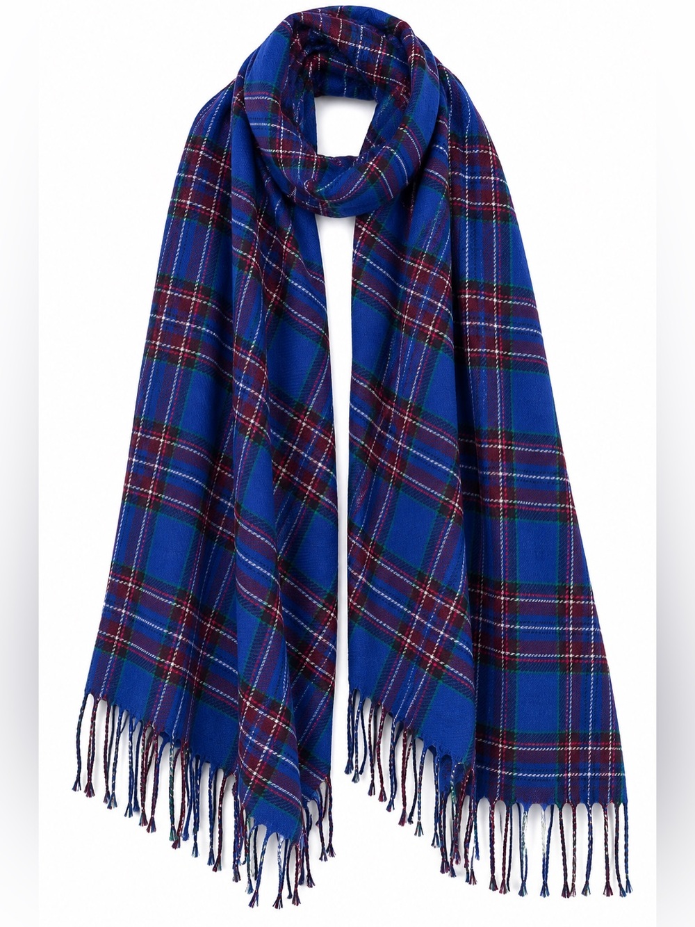 Talbots Wool Plaid Tartan Wrap Scarf Blue Purple Fringe Large Preppy  27x70 NWT